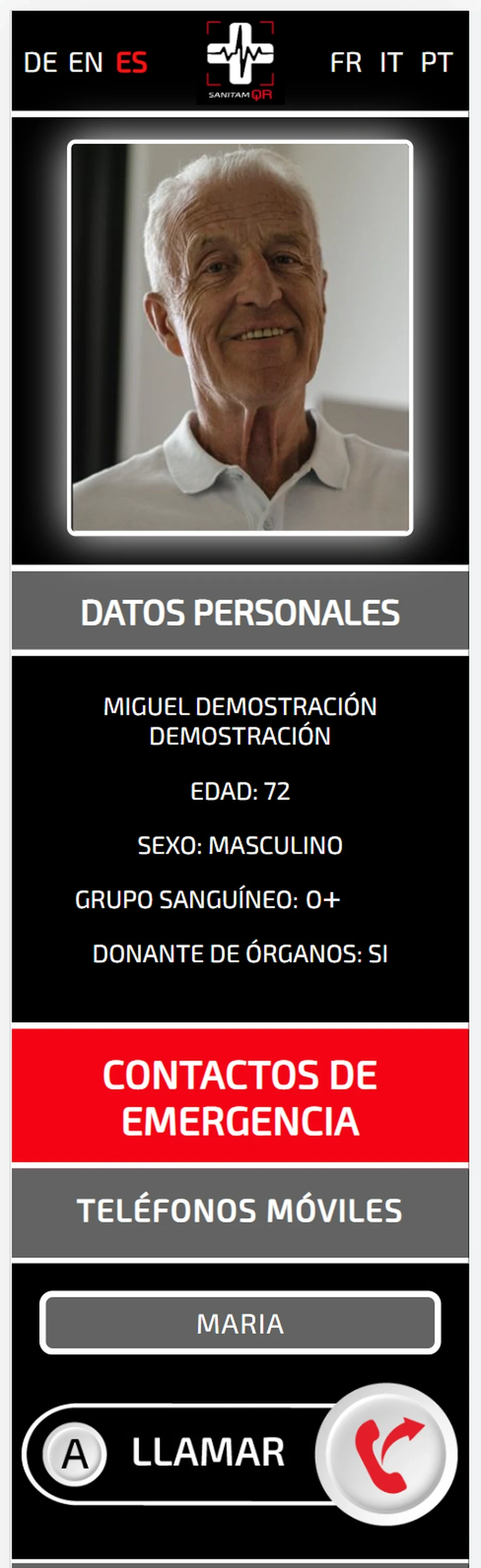 Perfil Sanitam QR: datos personales, grupo sanguíneo y contactos de emergencia.