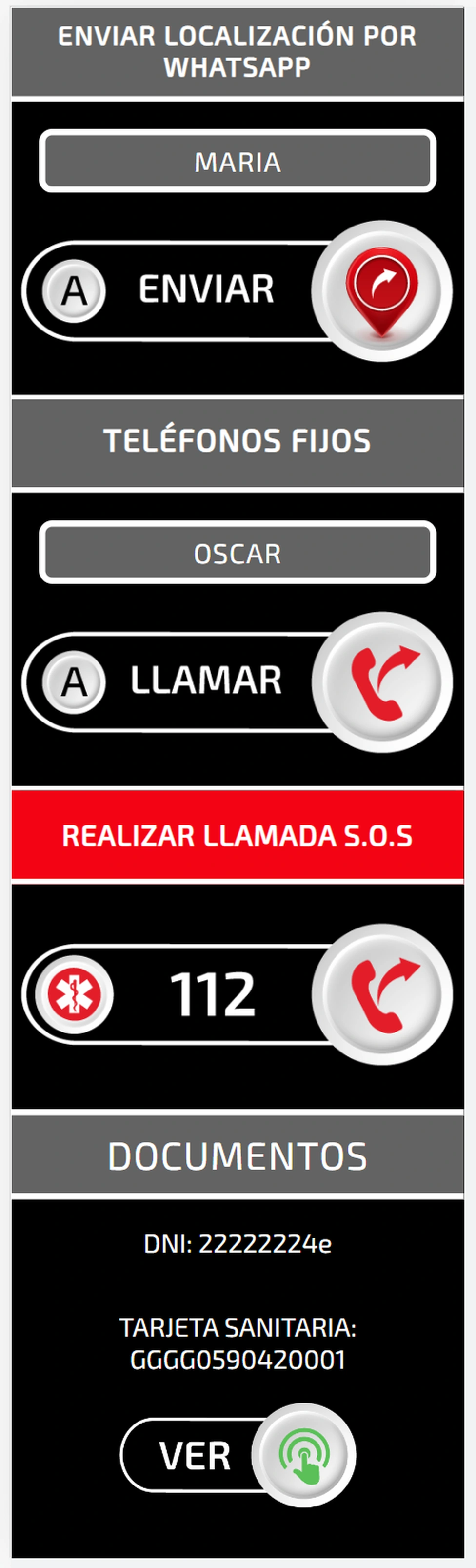 Perfil Sanitam QR: localización por WhatsApp, teléfonos fijos, llamada S.O.S y documentos.