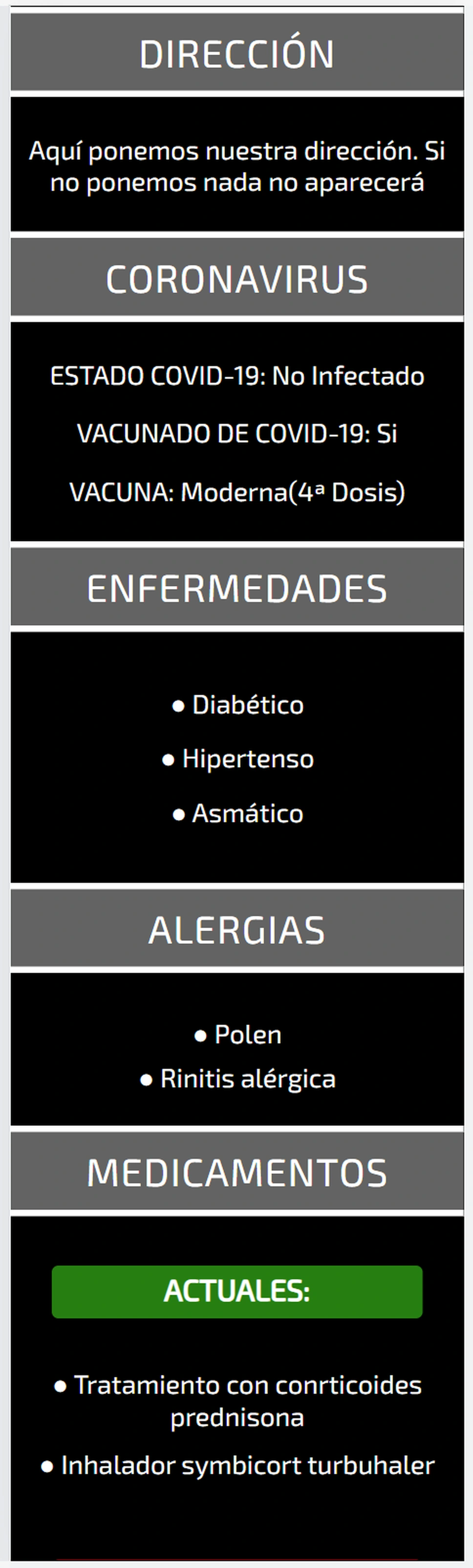 Perfil Sanitam QR: dirección, coronavirus, enfermedades, alergias y medicamentos.