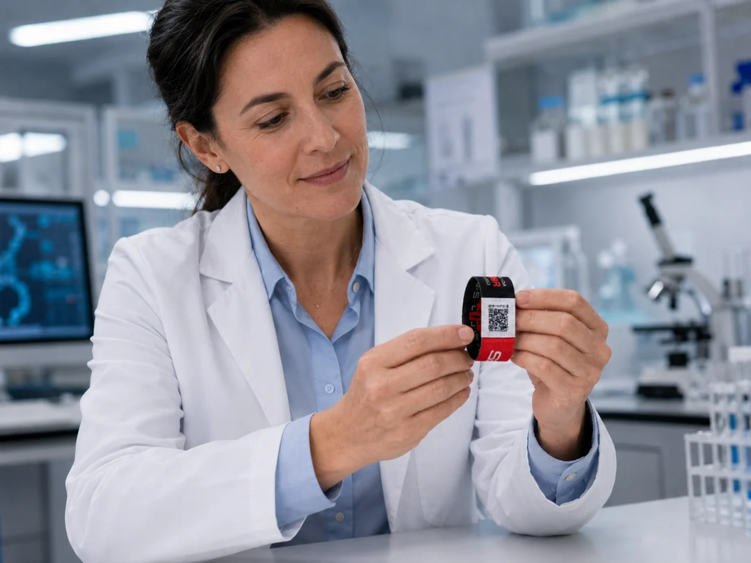 Investigadora con pulsera Sanitam QR.